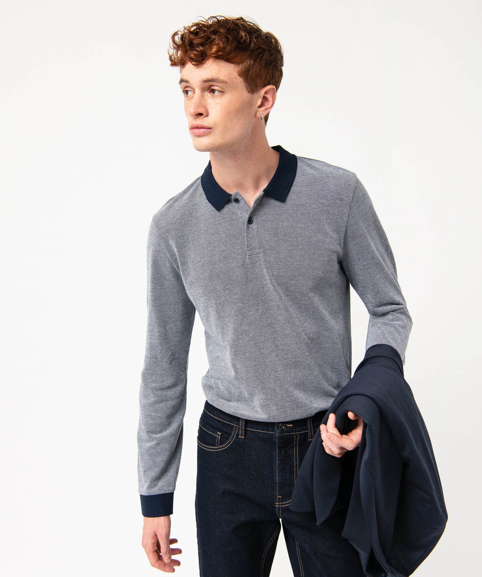 Polo à manches longues en maille piquée bicolore homme bleu fonce | GEMO