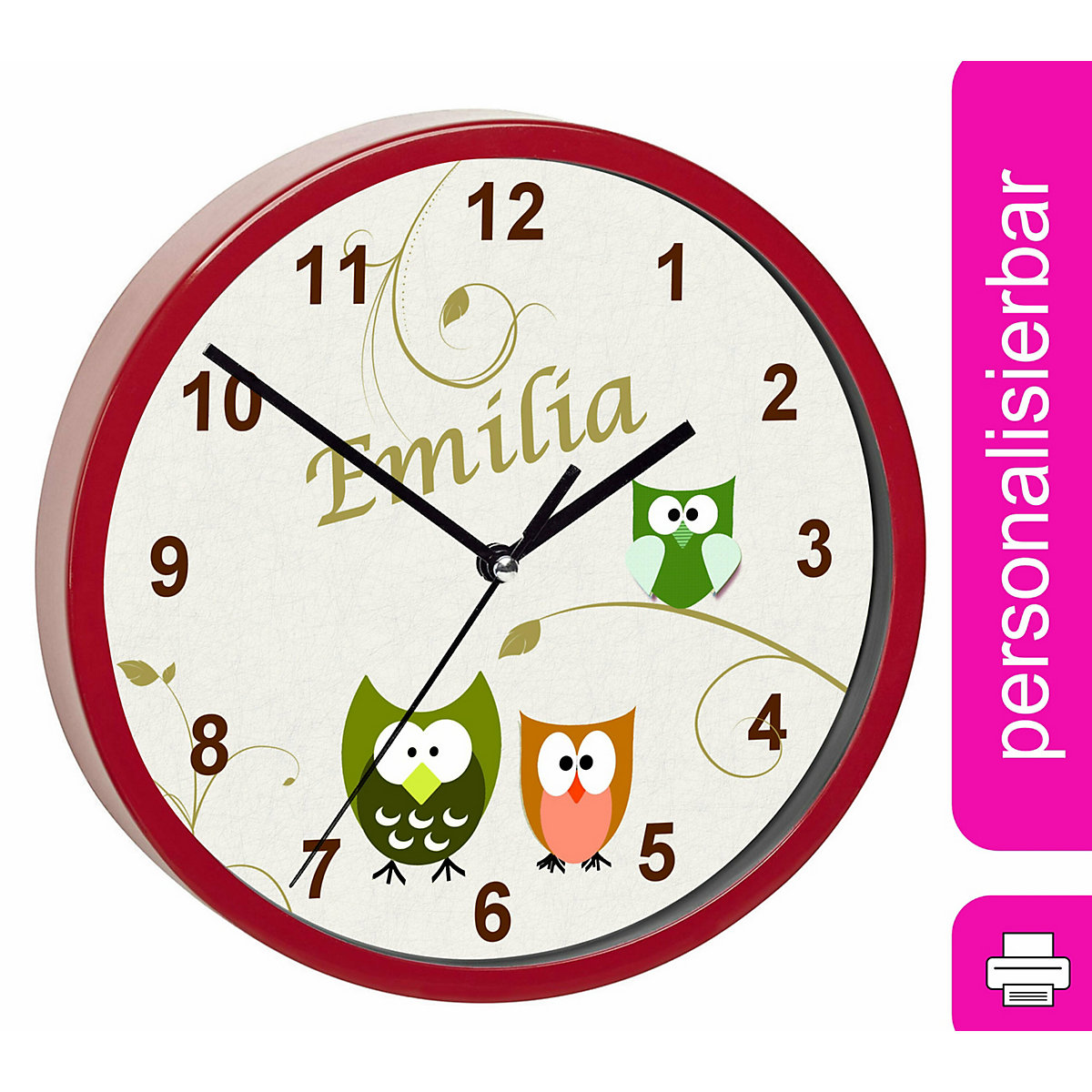 Kinder Wanduhr personalisiert mit Name Eule beige grün orange