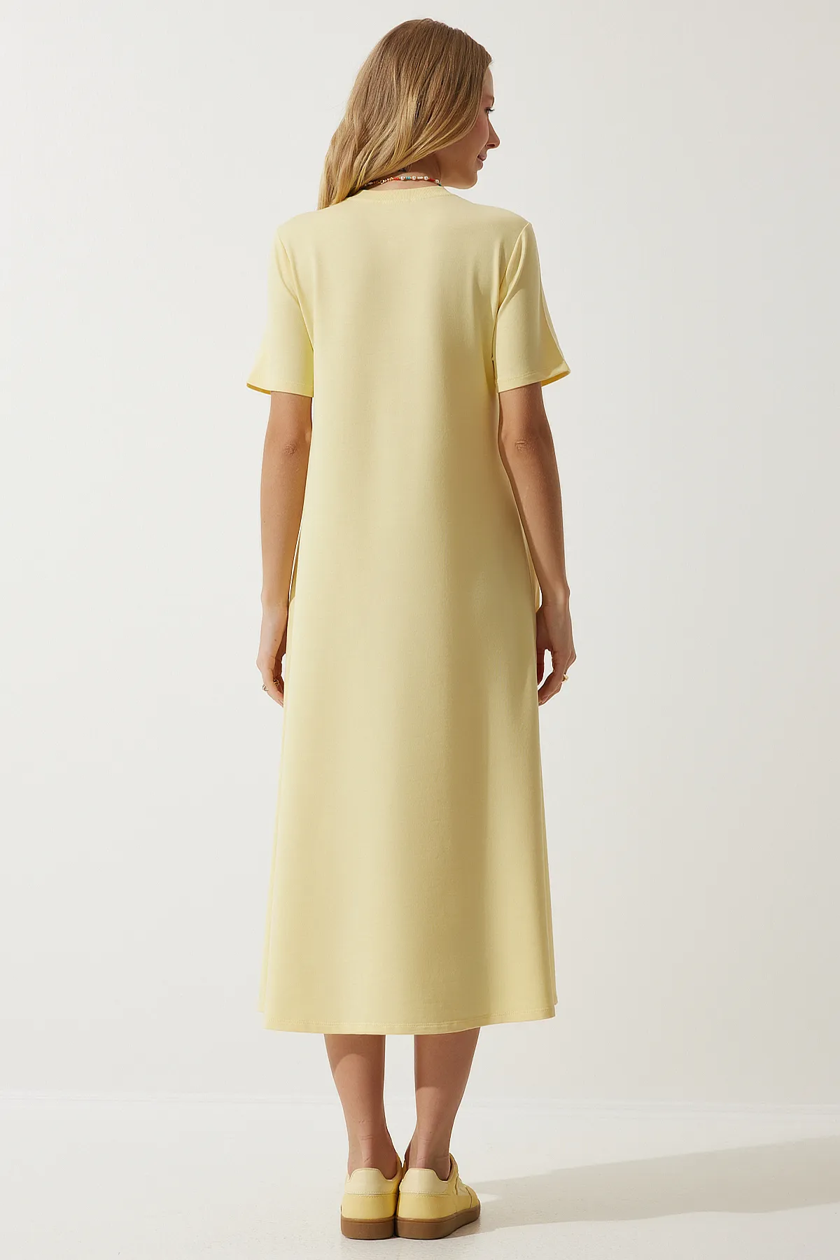 Happiness İstanbul  Gelbes A-Linien-Sommerkleid für Damen aus gekämmter Baumwolle UB00060