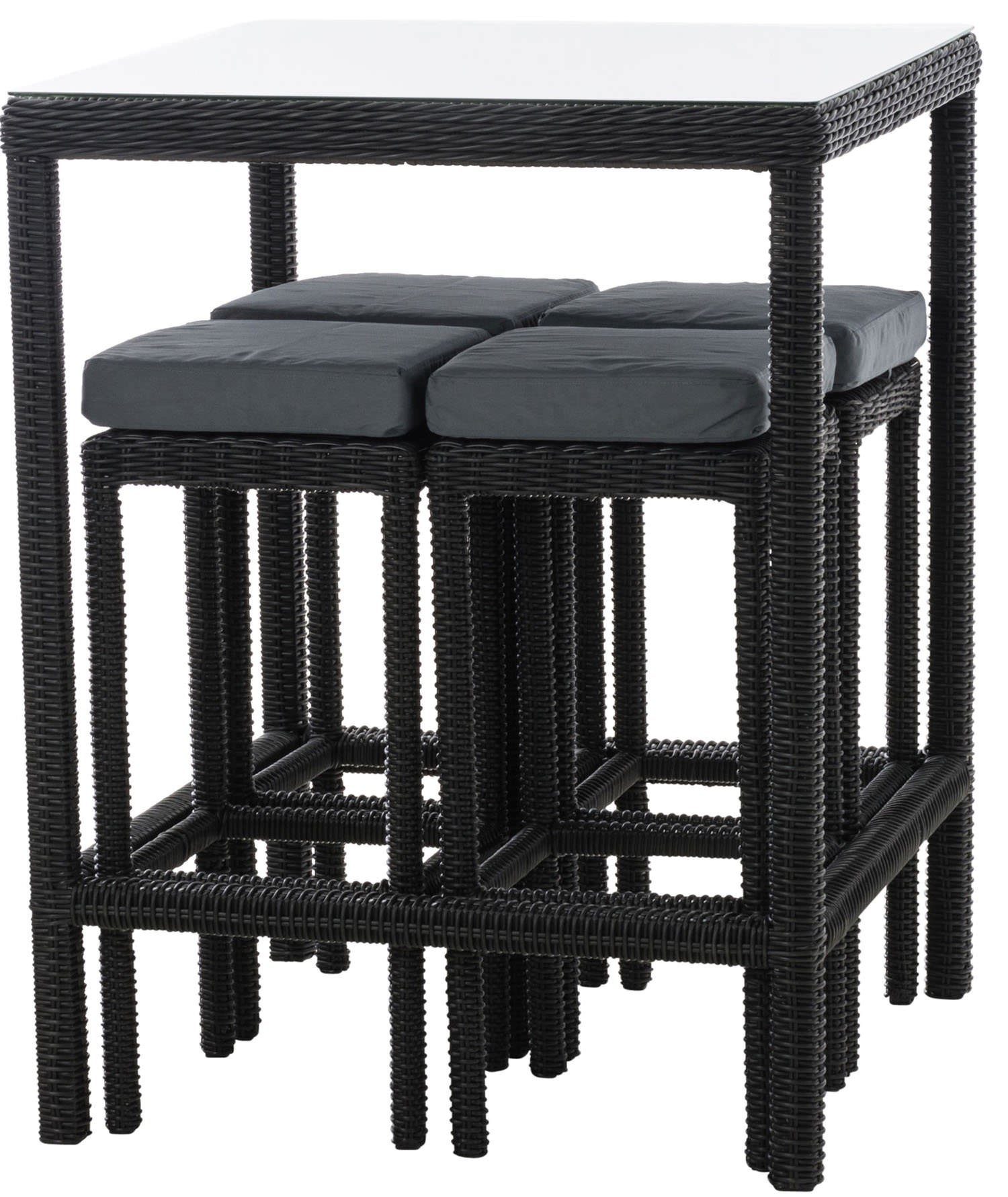 TPFGarden Gartenbar-Set Alina - aus 5mm Polyrattan und Aluminium-Gestell, (Stehtisch-Set mit 4 Hockern und Kunstlederauflagen, Gartenlounge-Set - wasserfest, pflegeleicht und UV-beständig), Maße (TxBxH): Tisch 84 x 84 x 110,5cm - Hocker 37 x 37 x 74,
