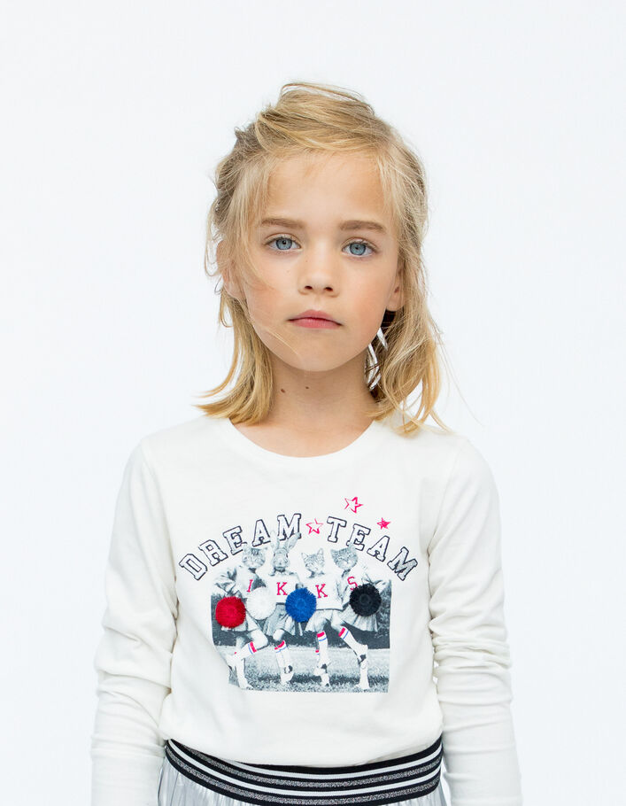 T-shirt blanc cassé visuel pom-pom girls 3D fille