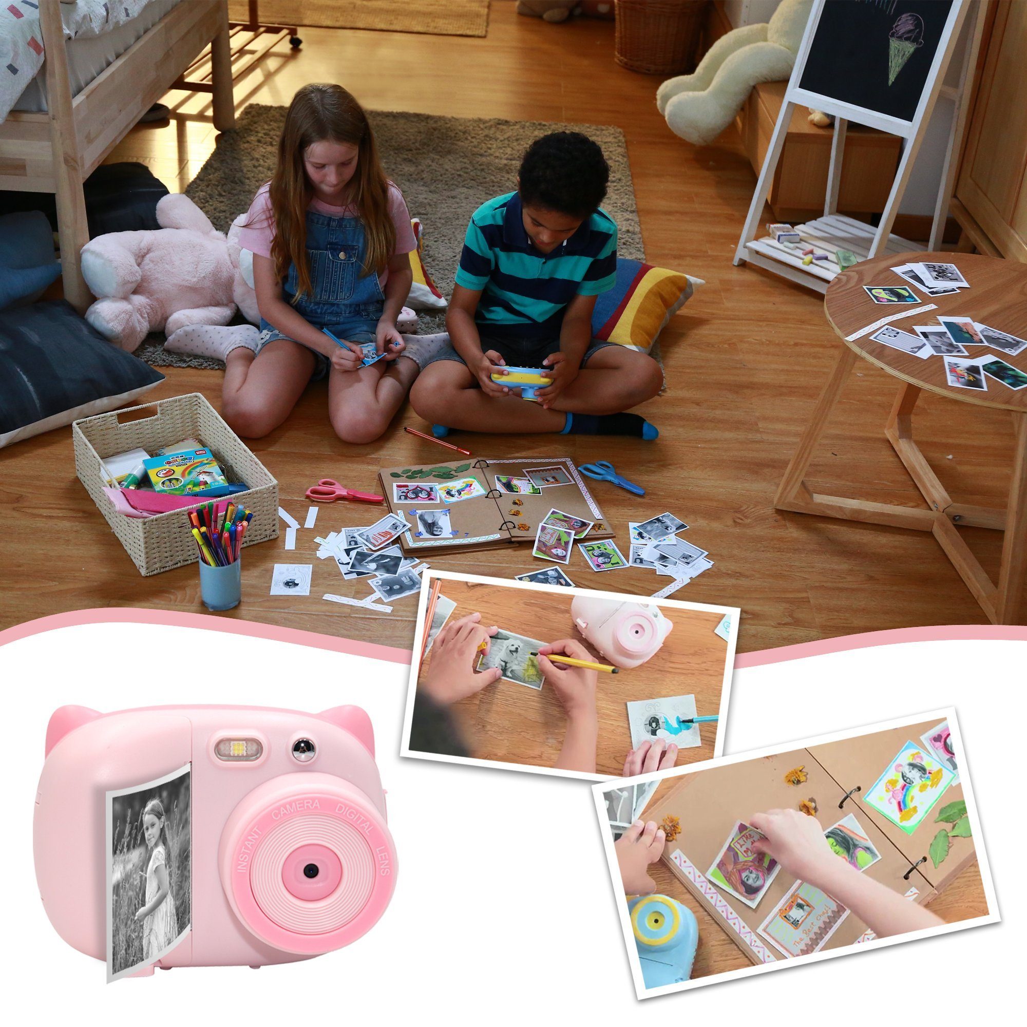 Fine Life Pro Kreative Kinderkamera Sofortbildkamera (24 MP, inkl. 12 farbigen Pinselstiften + 3 Rollen Druckpapier + Aufkleber, Videoaufnahmen mit Ton in Full HD, WIFI, automatische Blitzzuschaltung)