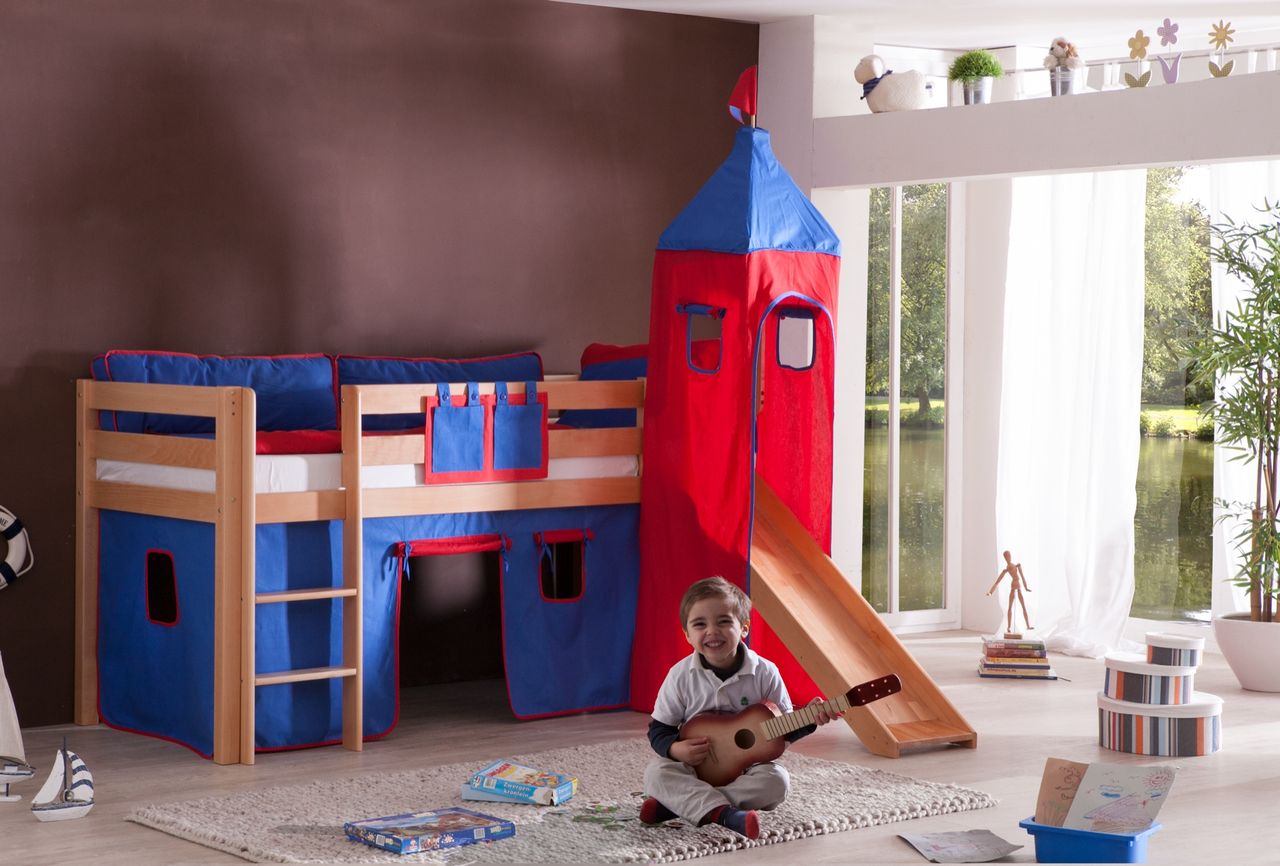 Relita Halbhohes Spielbett ALEX mit Rutsche/Turm Buche massiv natur lackiert mit Stoffset blau/rot