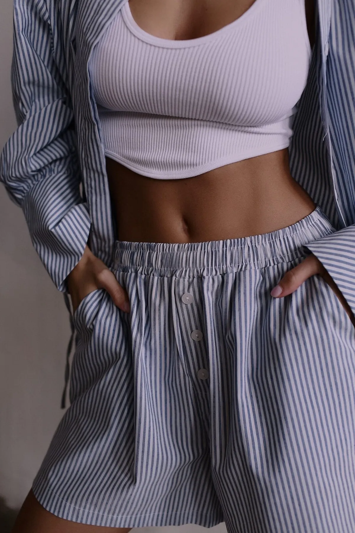 MAİ COLLECTİON  Terasa Rope Detailliertes gestreiftes blaues Shorts-Set