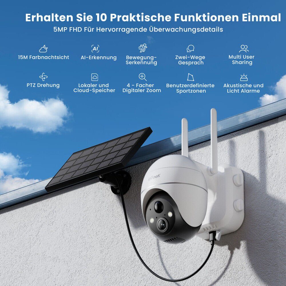 ieGeek 5MP 2K Überwachungskamera Aussen Akku, PTZ WLAN mit 32GB SD Karte Überwachungskamera (Außen, Aussen, Außenbereic, Innenbereich, 2.4GHZ WiFi WLAN mit Solarpanel,4DBi WLAN-Antenne,Alexa Kamera, PIR-Bewegungsmelder, 30M Farbige Nachtsicht, Zwei-W