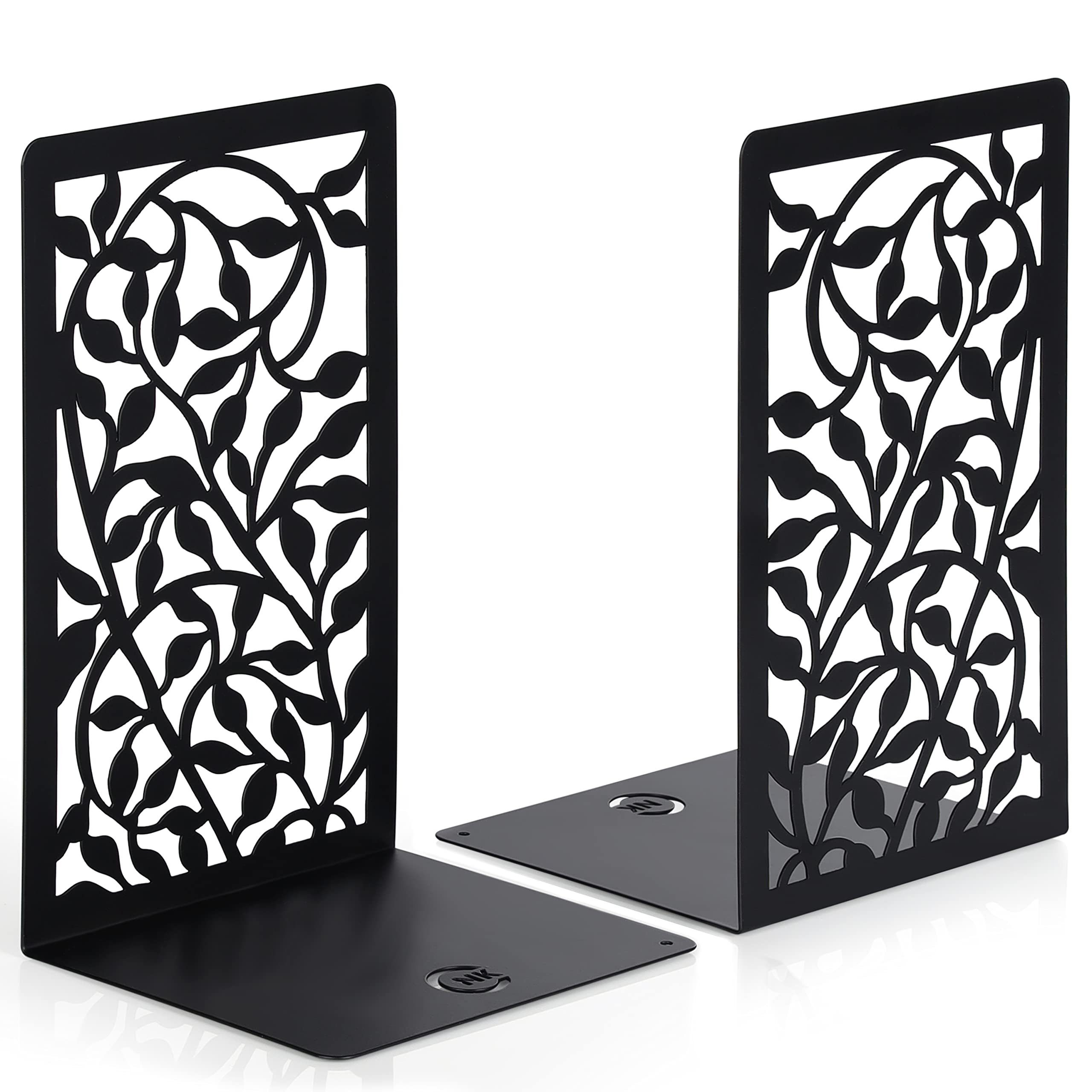 Belle Vous Zeitungsständer Schwarze Metall-Buchstützen mit Blumenmuster, Black Metal Bookends with Flower Pattern
