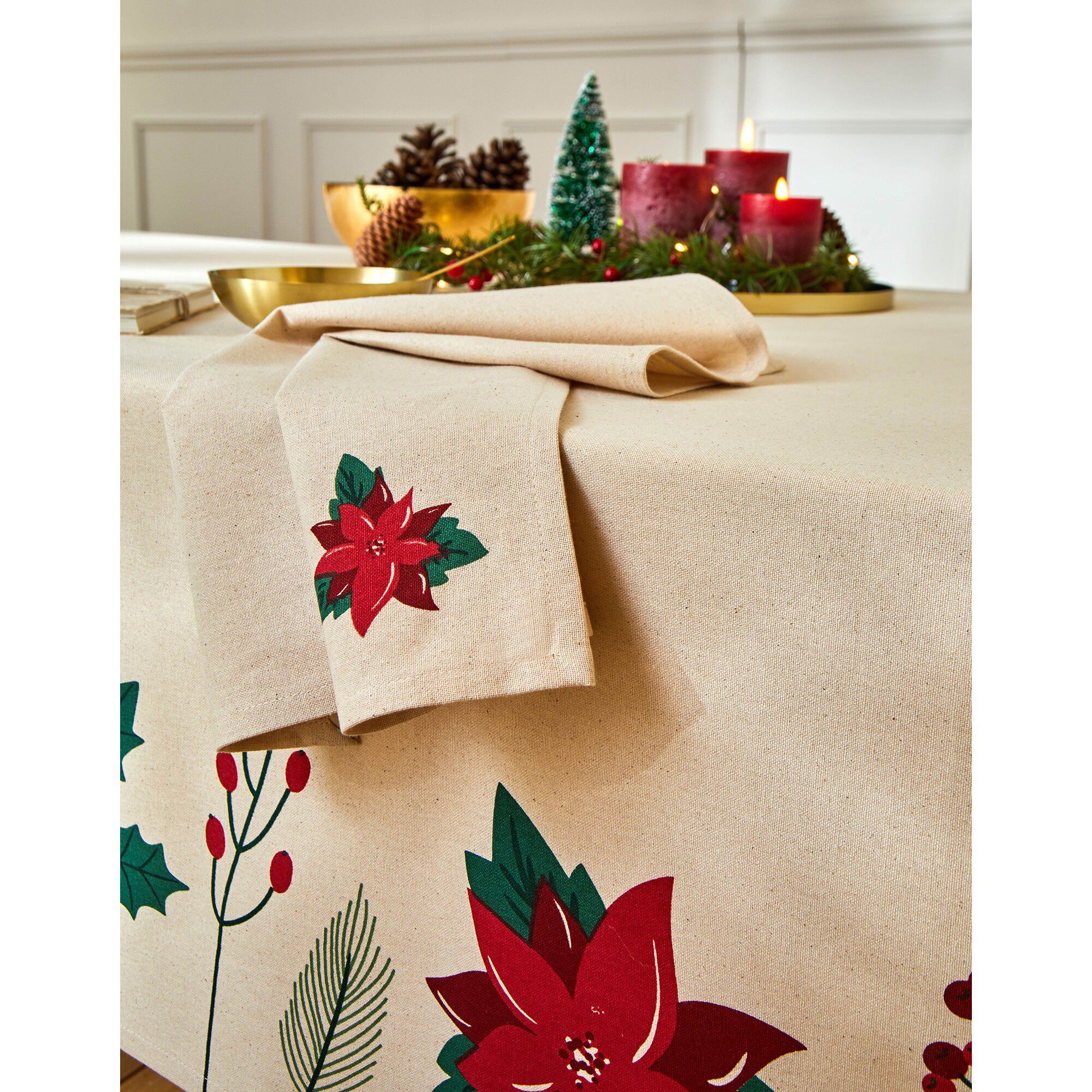 Nappe imprimée houx et poinsettia