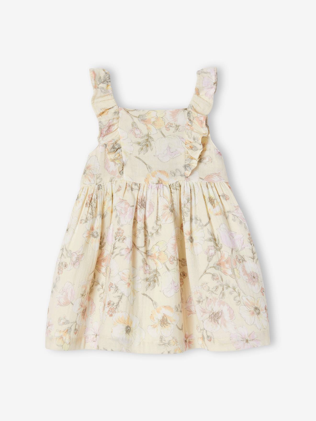 Robe fleurie bébé en gaze de coton écru