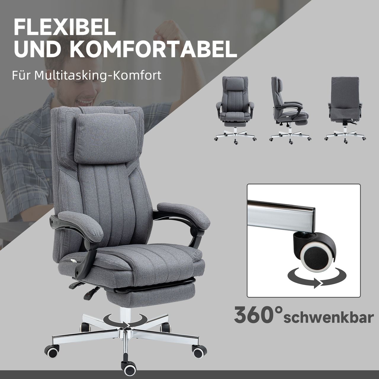 Vinsetto Bürostuhl mit Massagefunktion, Schreibtischstuhl mit Liegefunktion Grau