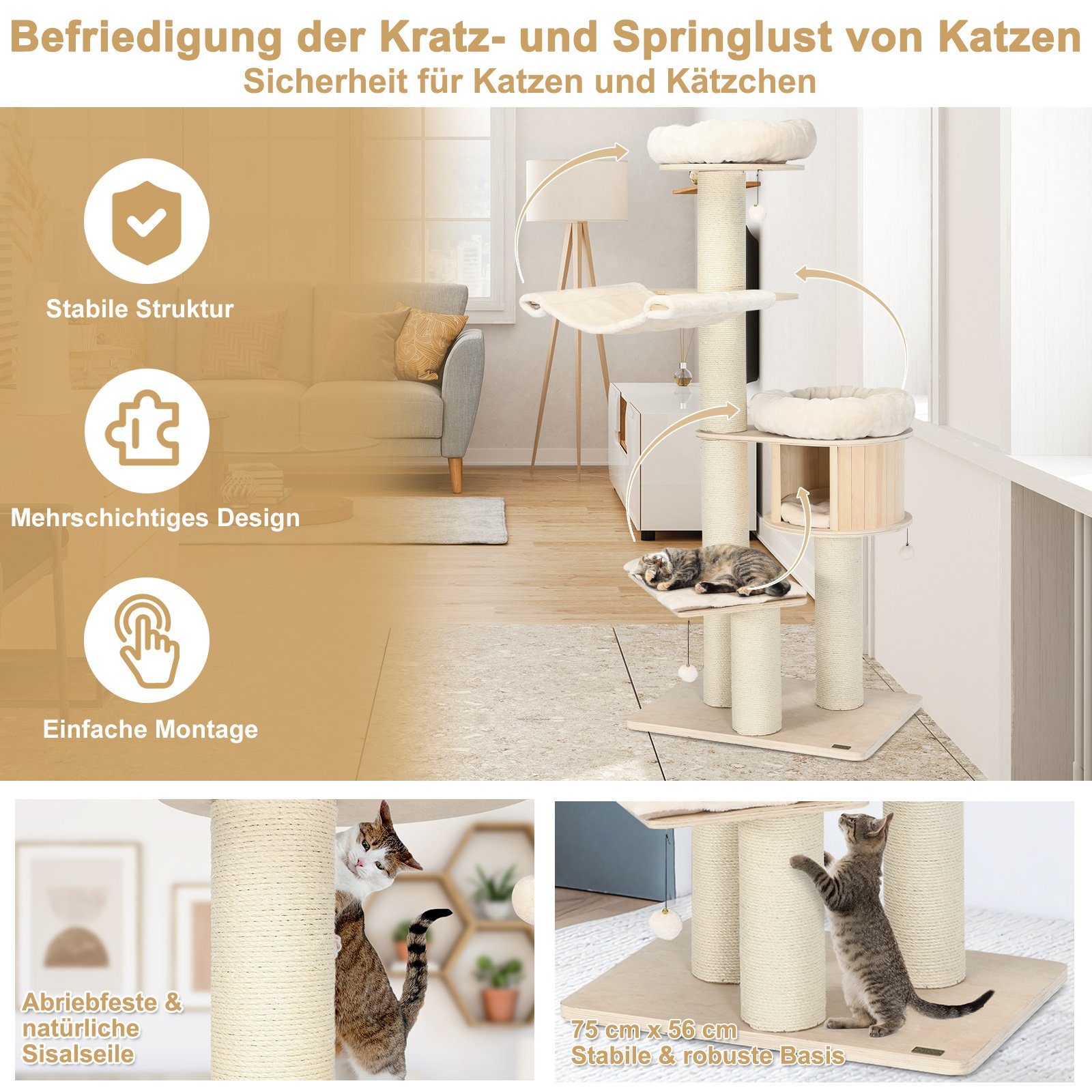 COSTWAY Kratzbaum, 174 cm mehrstöckige Katzenbaum, aus Massivholz