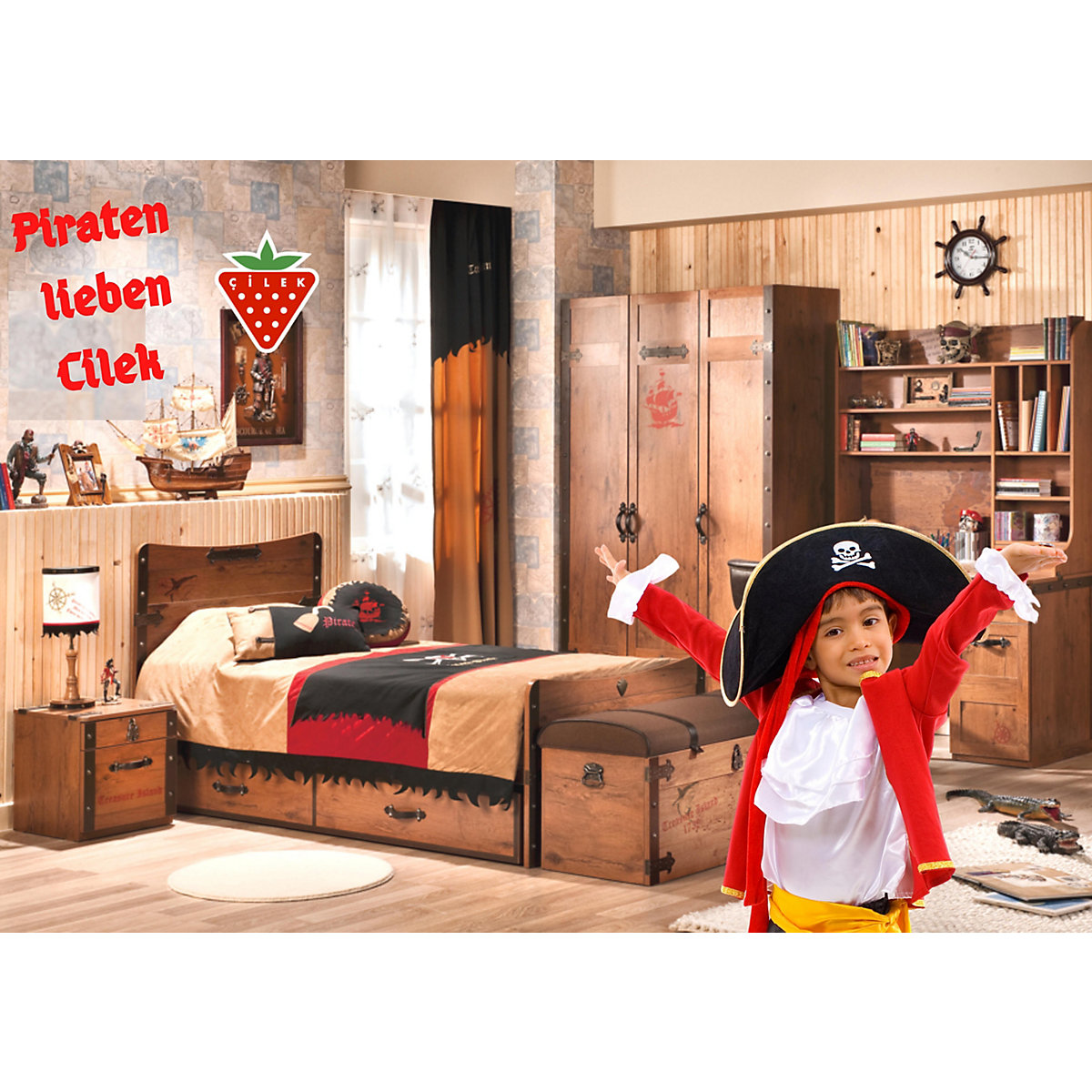 Kinderzimmer 3-teilig mit Piratenbett in Schiffsform inkl. Ausziehbett