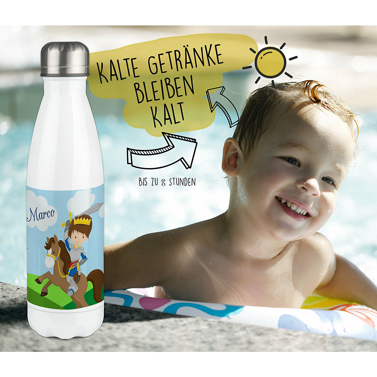 Edelstahl Kinder Thermoflasche / Trinkflasche bunt Ritter Spülmaschinenfest, Auslaufsicher, Bruchfest, Doppelwandig, Für Heißgetränke geeignet, Mit Deckel, Isoliert