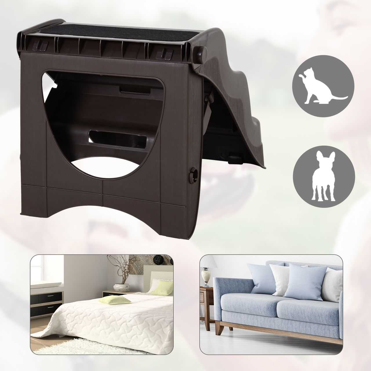 PawHut Hundetreppe Katzentreppe Haustiertreppe mit 3 Stufen klappbar, Kunststoff, Dunkelbraun, 39x49x39cm