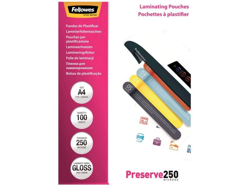Fellowes Laminierfolien DIN A4 Hochglanz 250 Mikron (2 x 250) Transparent 100 Stück
