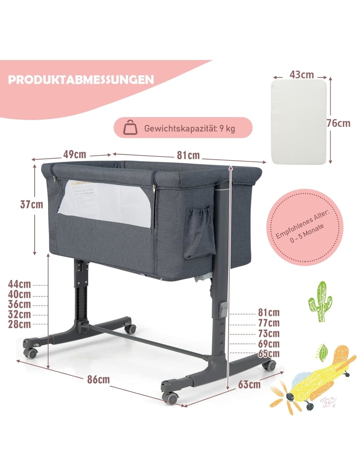 COSTWAY 3 in 1 Beistellbett in Anthrazit günstig kaufen onesize