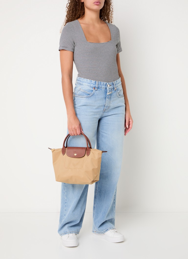 Geantă originală Longchamp Le Pliage, mărimea S, cu detalii din piele.