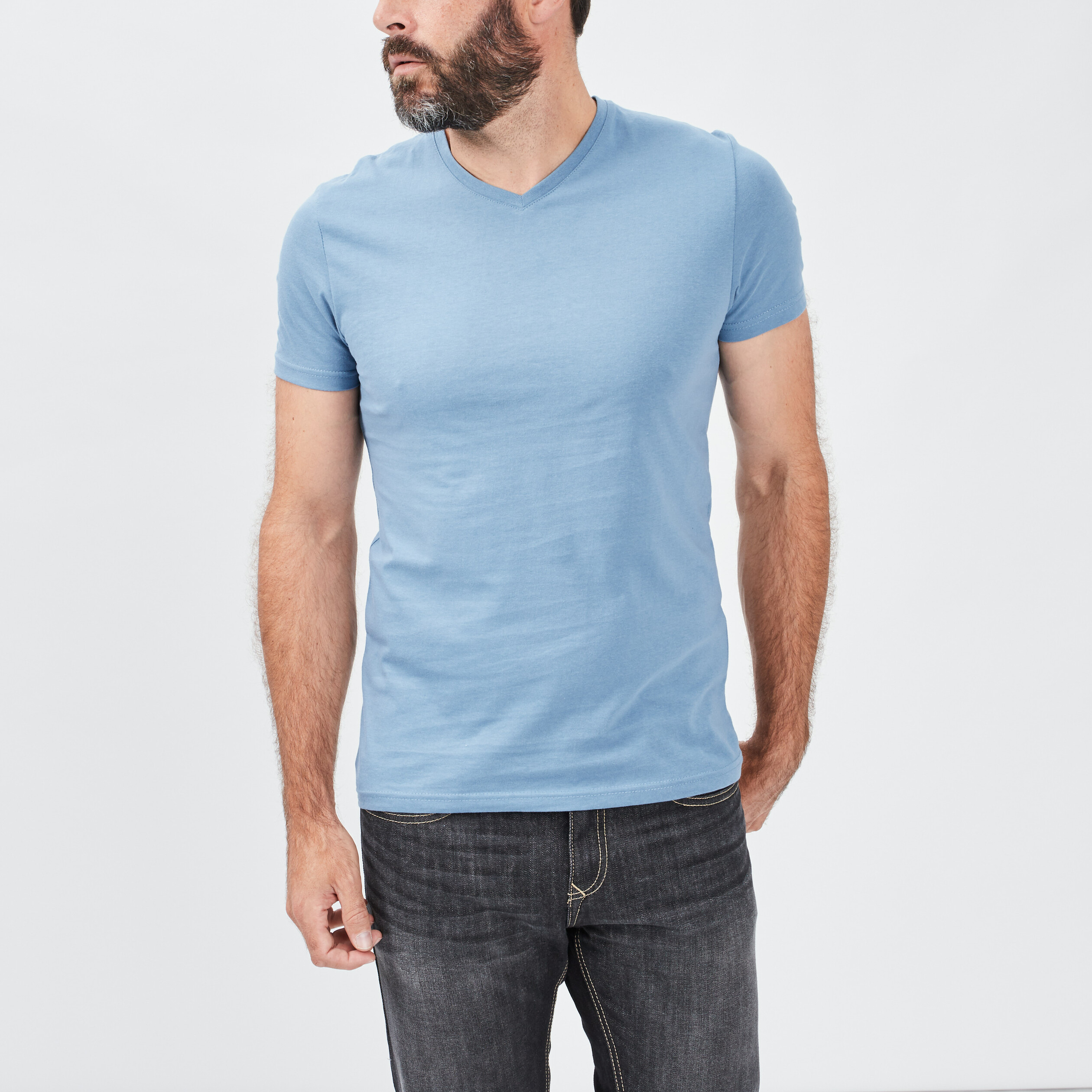 T-shirt manches courtes col V bleu gris homme | La Halle