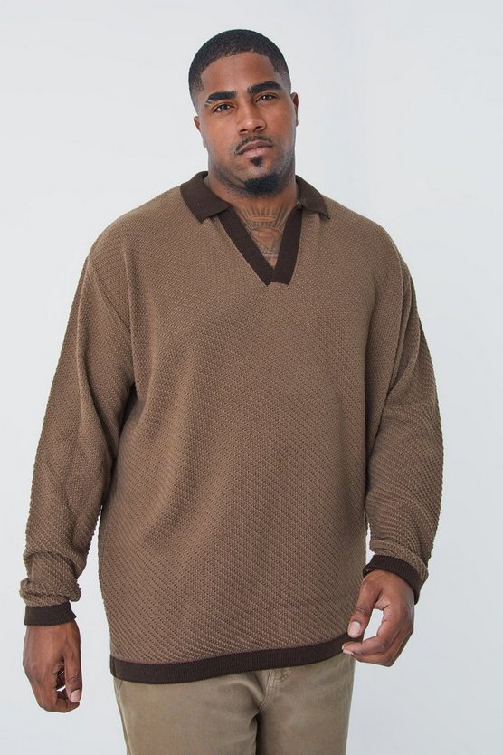 Plus langärmliges Oversize Poloshirt mit Kontrast-Kragen