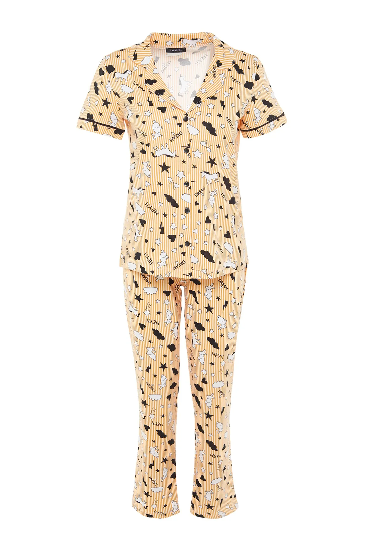 Trendyol Collection  Pfirsichfarbenes Strick-Pyjama-Set aus 100 % Baumwolle mit Paspeln und grafischem Muster aus Hemd und Hose THMSS19IP0037