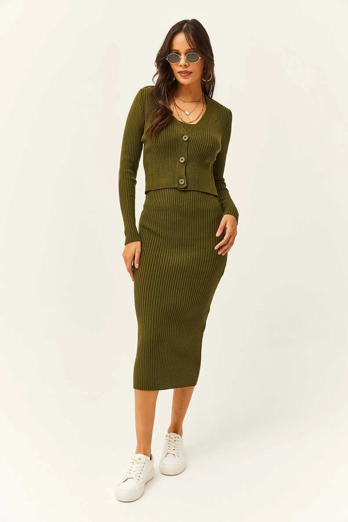 Olalook  Damen-Khaki-Kleid-Cardigan, zweiteiliger Strickanzug TKM-19000223