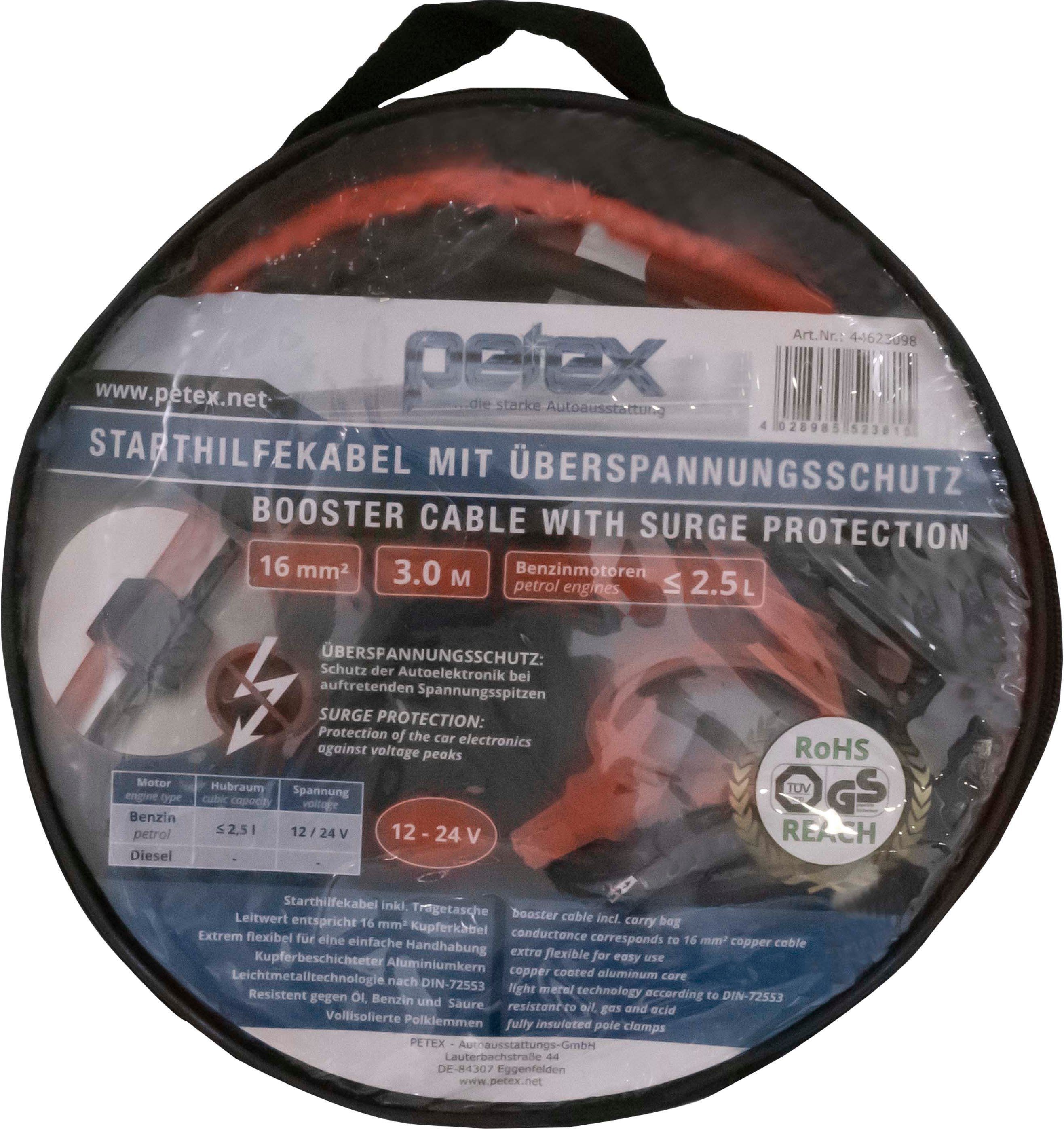 Petex Starthilfekabel, (300 cm), 16 mm², 3 Meter, mit Überspannungsschutz, Nennspannung: 12 - 24 Volt