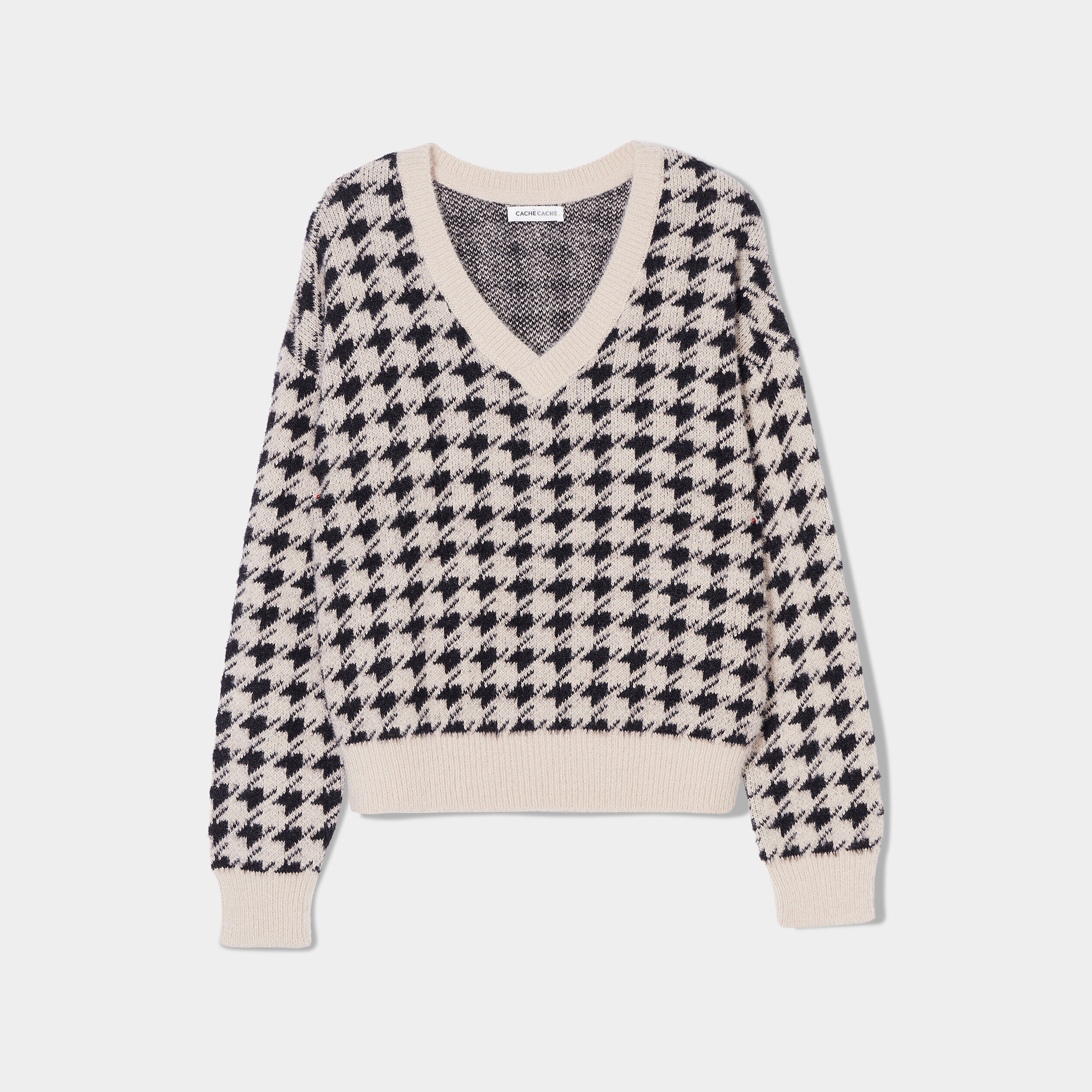 Pull manches longues col en V beige femme | Cache Cache
