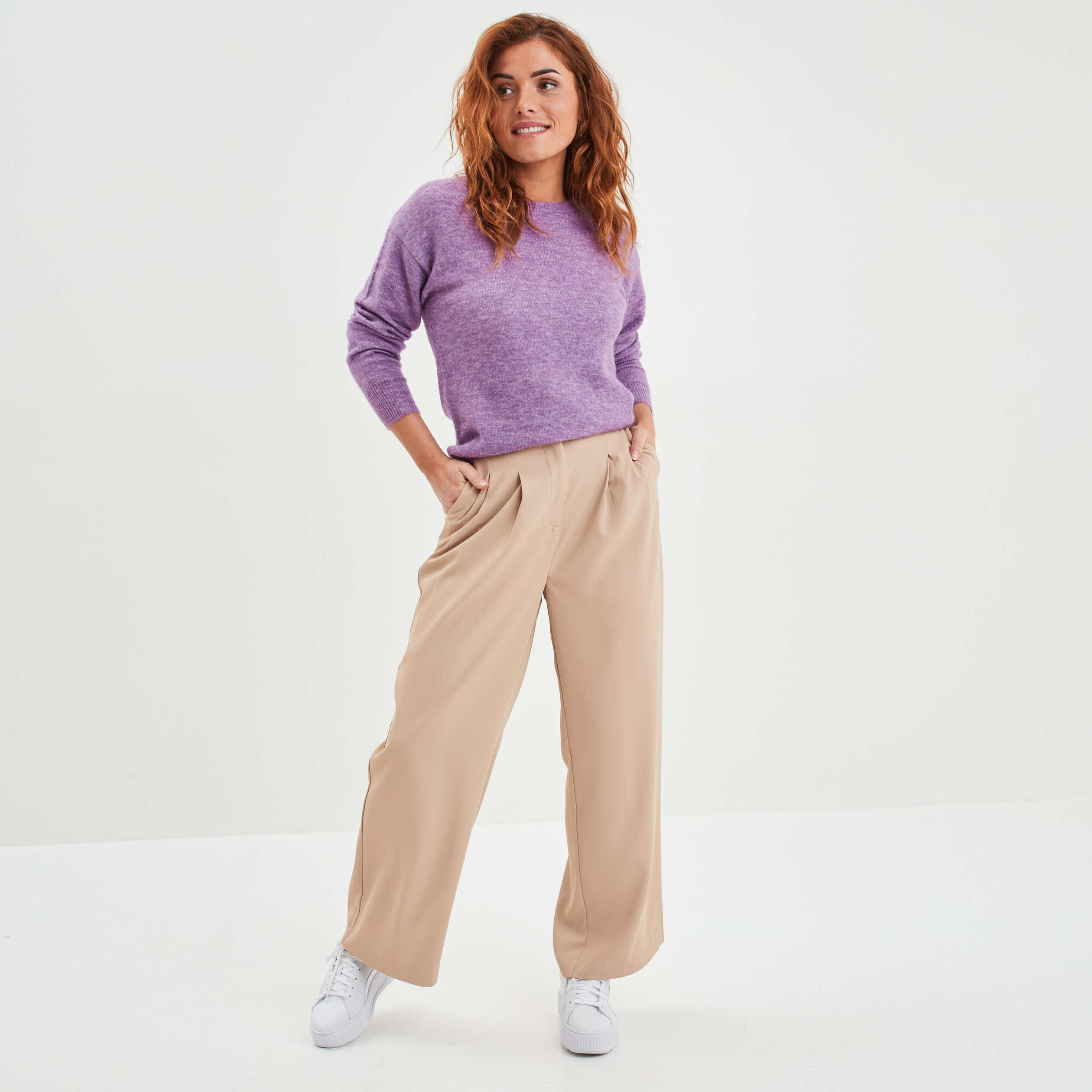 Pull col rond manches longues violet femme | La Halle