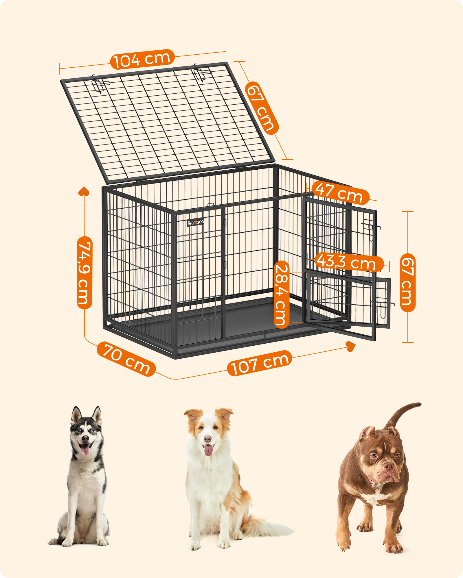 FEANDREA Erziehungshilfen FEANDREA L/XL Hundekäfig hochbelastbar 1,07 m, 70 cm, 74,9 cm