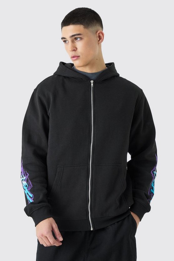 Hoodie mit Graffiti Flammen Print und Reißverschluss