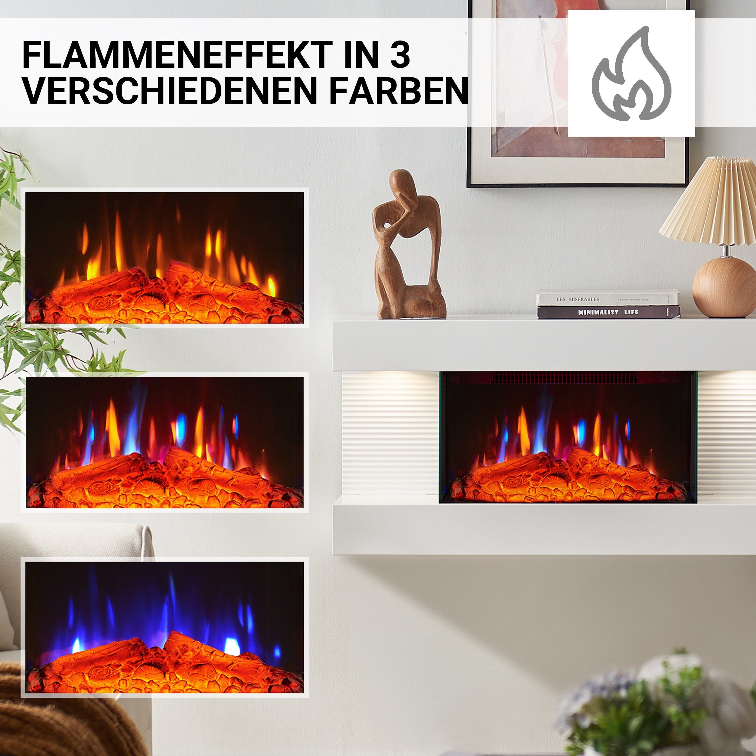 Balderia Elektrokamin Ida, Wandkamin mit Heizung 1800W, 3D Flammeneffekt, Fernbedienung, Timer, Thermostat