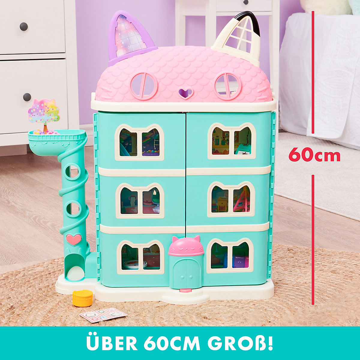 Gabby‘s Dollhouse, Puppenhaus mit 2 Spielzeugfiguren, 8 Möbelstücken, 3 Zubehörteilen, 2 Überraschungsboxen und Geräuschen, geeignet für Kinder ab 3 Jahren