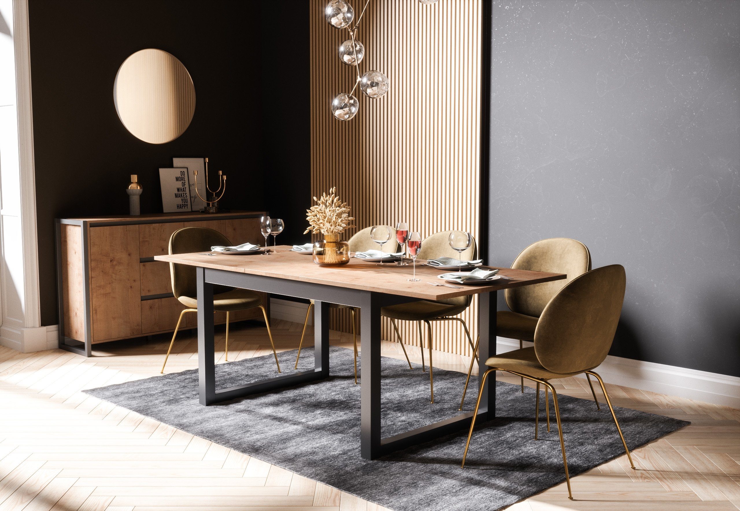 Newroom Esstisch Vincent, ausziehbar 160-200 cm inkl. Tischplatte Anthrazit Wildeiche Vintage