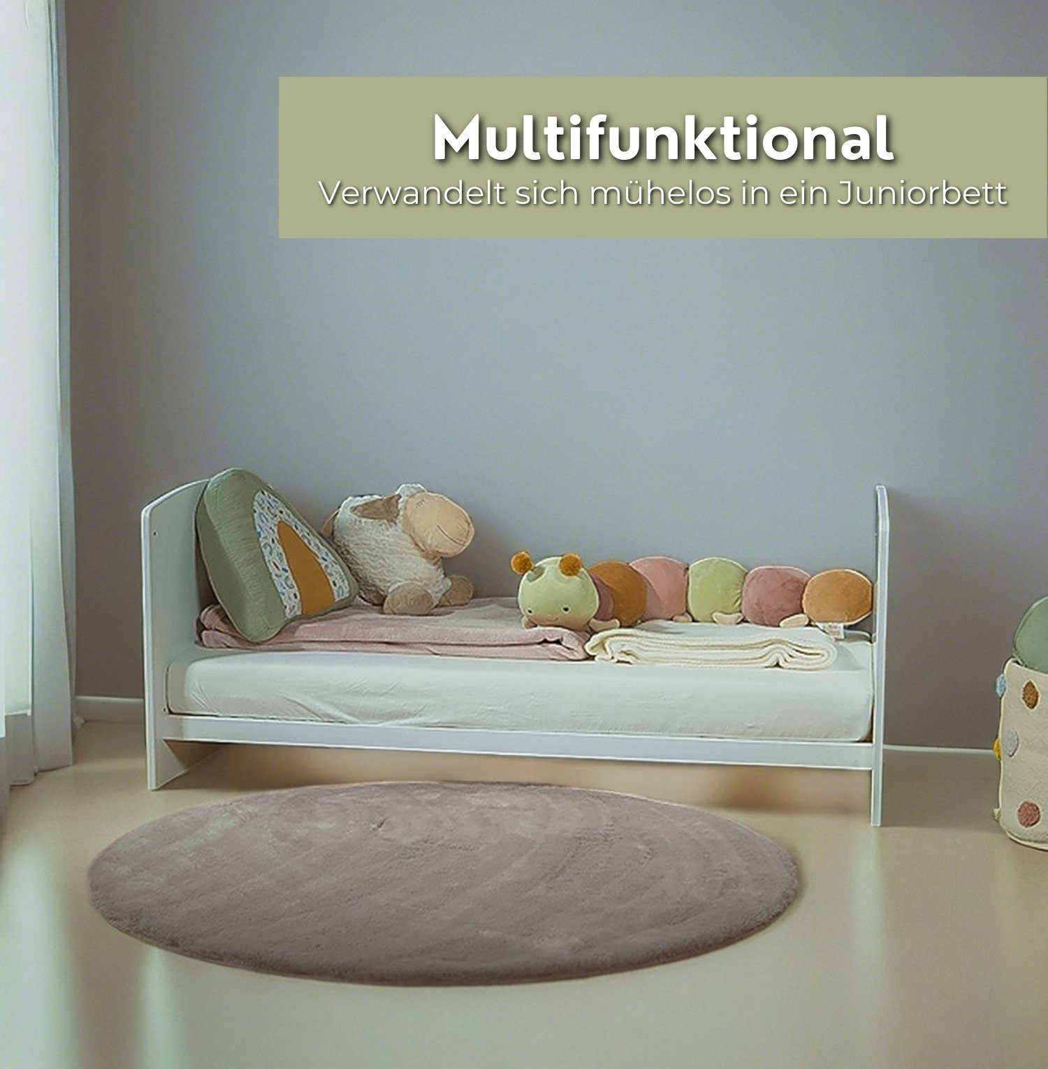Alavya Home® Babybett STORM I Kinderbett Umbaubares Gitterbett höhenverstellbar, Babybett 60x120 cm inkl. Lattenrost mit herausnehmbare Sprossen