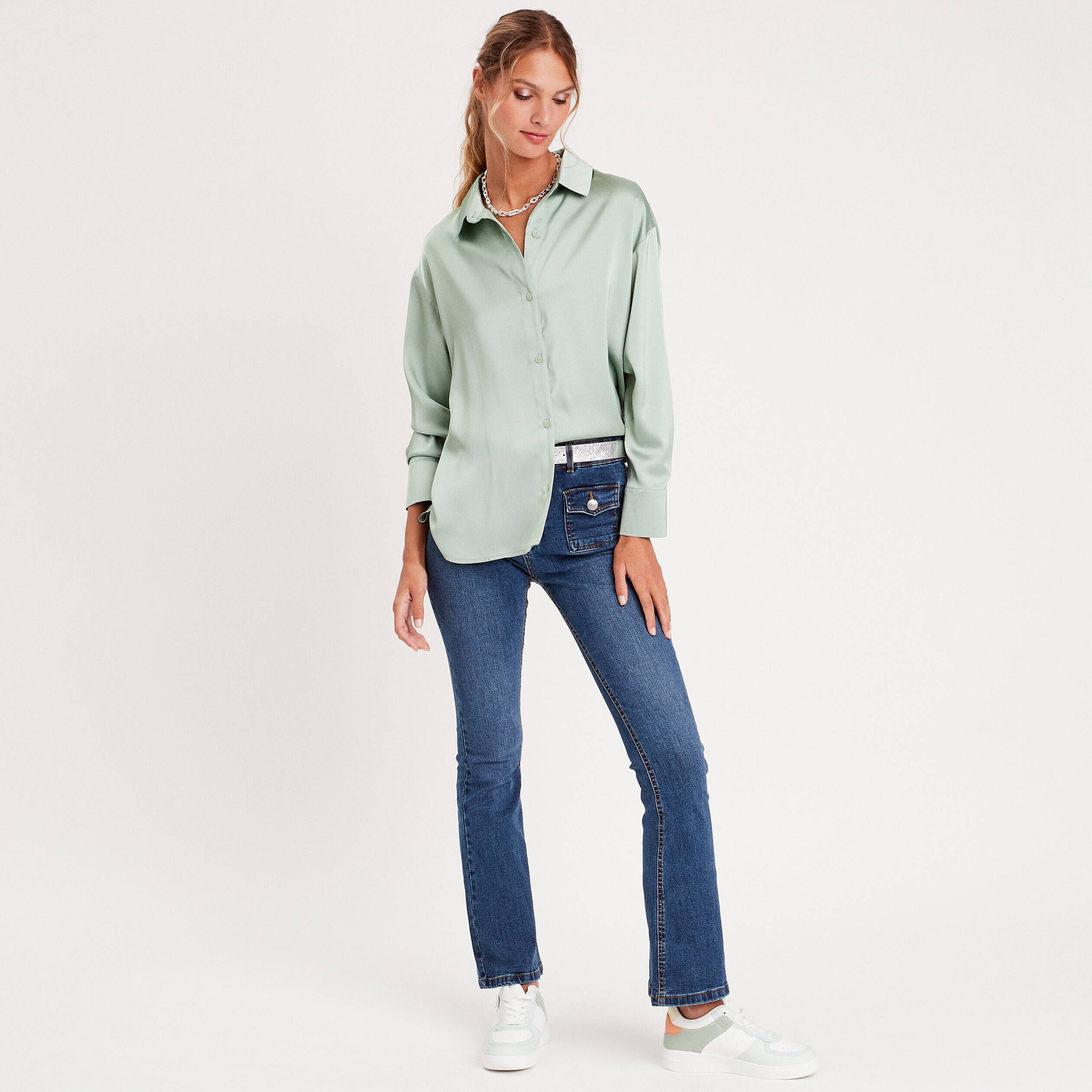 Chemise manches longues satin vert pastel femme | Cache Cache