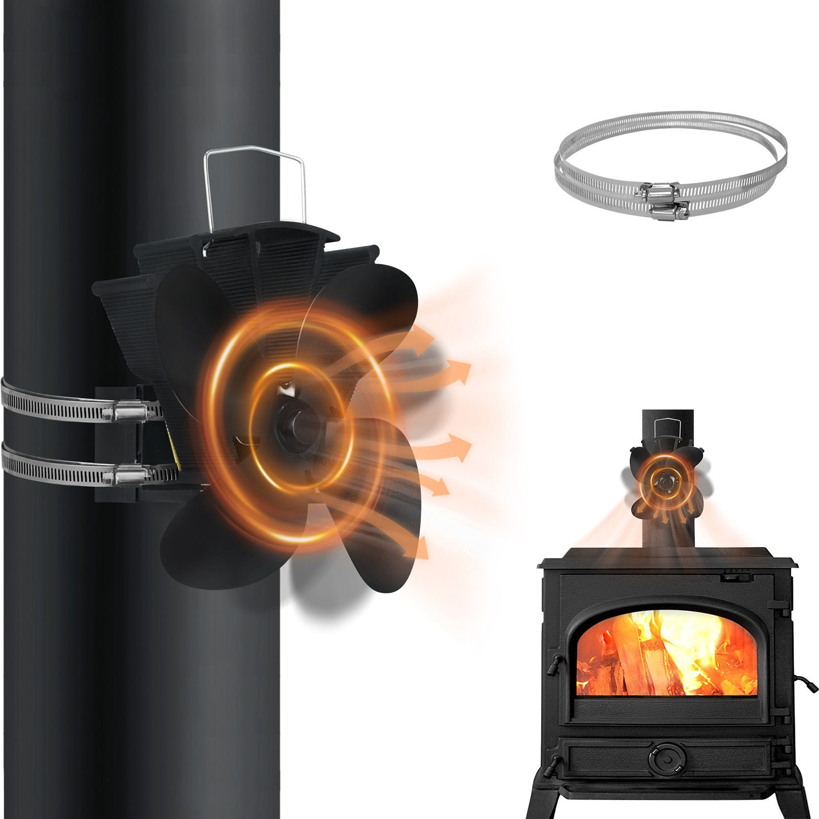 UISEBRT Kaminventilator mit 4 Blättern Ofenventilator ohne Strom Kaminlüfter