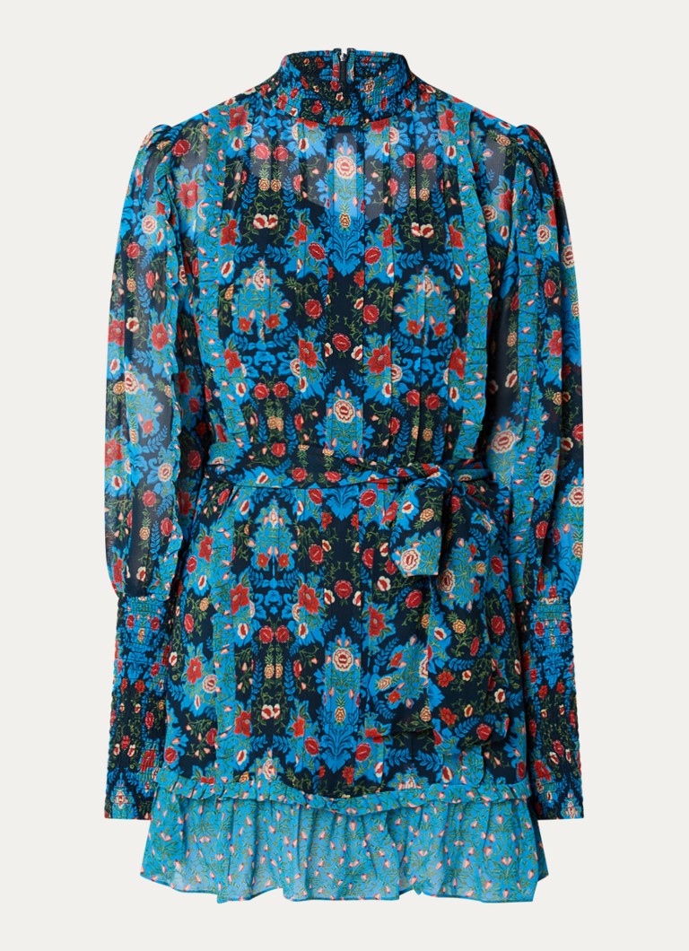 Vestido corto semitransparente Farm Rio Arabesque con cinturón del mismo tejido.