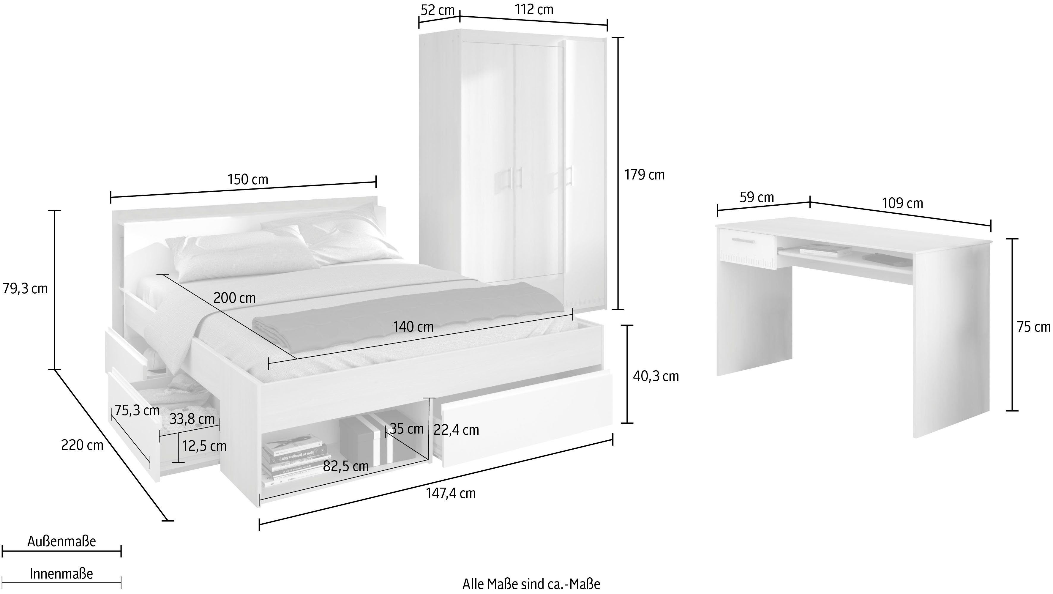 Parisot Jugendzimmer-Set Most, (Set, 3-St., Bett mit Schubkästen, Kleiderschrank und Schreibtisch)