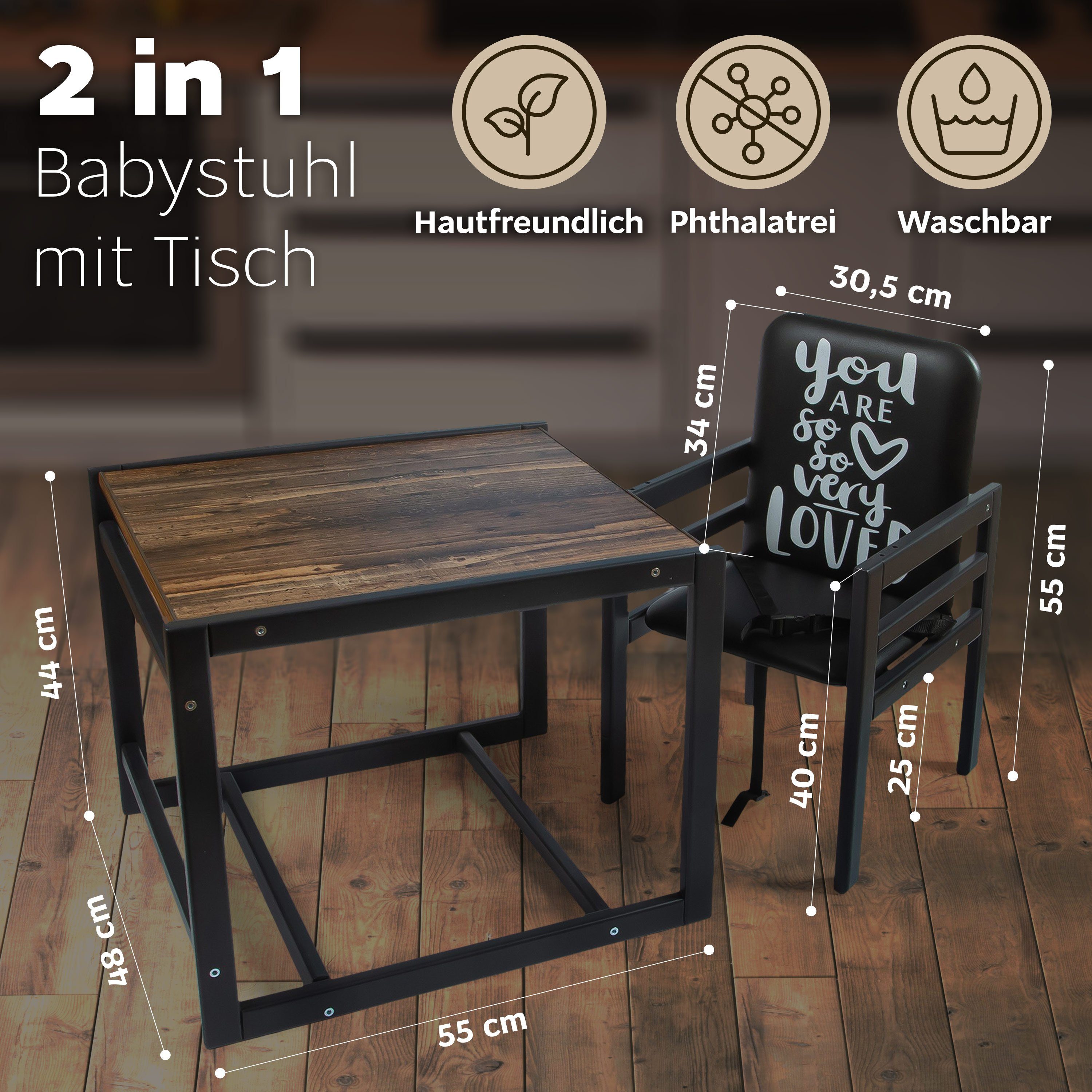 VILHA THE CHILDREN'S FURNITURE FACTORY Kombihochstuhl 2-in-1 Babystuhl aus Holz, Baby Hochstuhl Graphit
