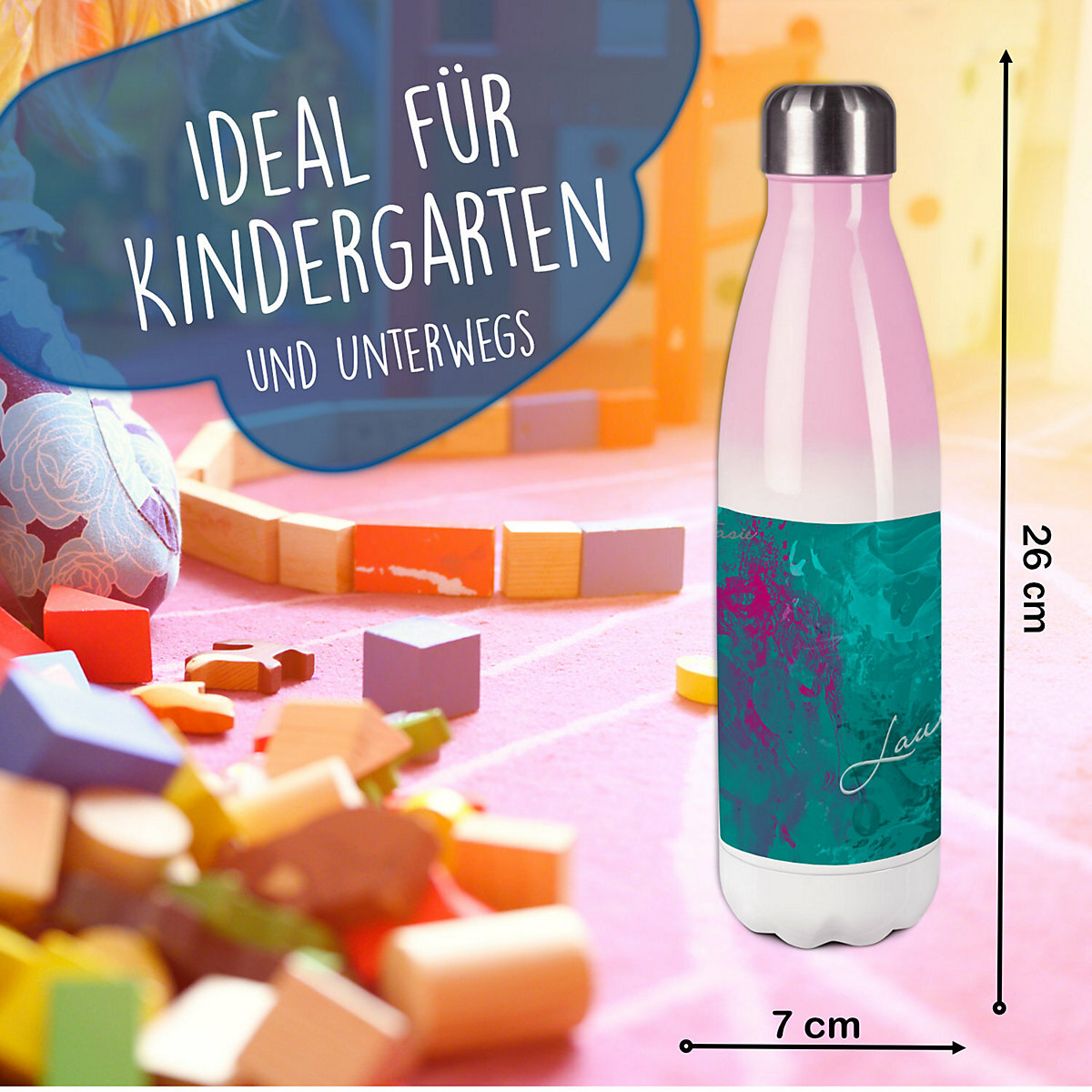 Edelstahl Kinder Thermoflasche / Trinkflasche bunt Traum Farbe petrol pink Spülmaschinenfest, Auslaufsicher, Bruchfest, Doppelwandig, Für Heißgetränke geeignet, Mit Deckel, Isoliert