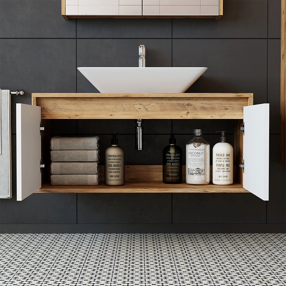 Roomart Badmöbel-Set, (Badmöbel Set 3-teilig 100cm Unterschrank mit Waschbecken Spiegelscrank)