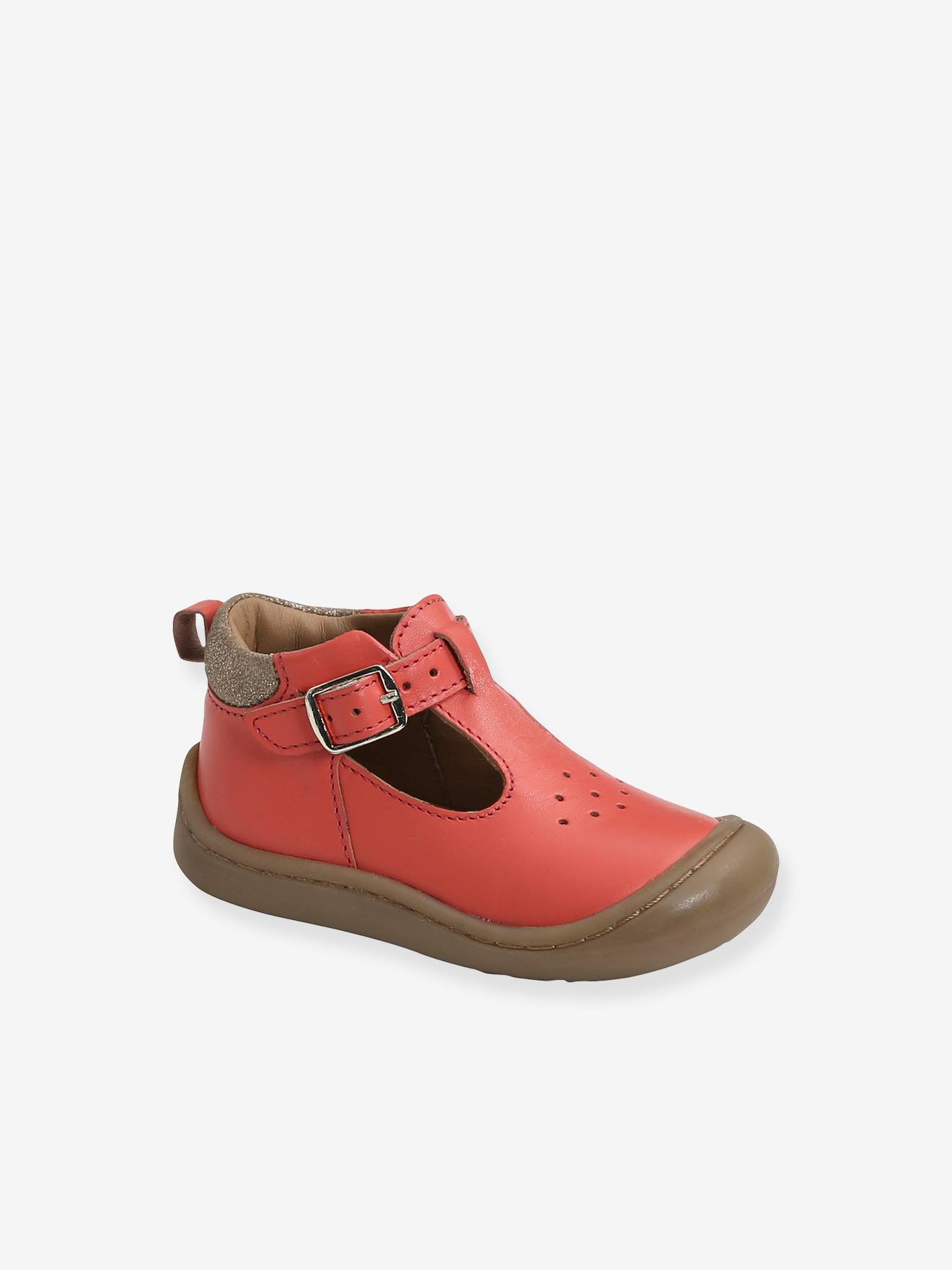 Salomés cuir souple bébé fille 4 pattes corail