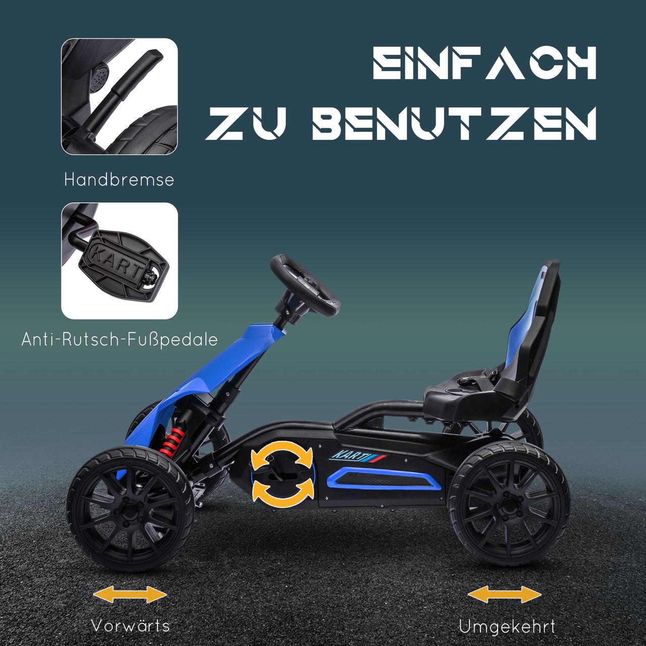 HOMCOM Gokart, Kinderfahrzeug mit verstellbarem Sitz, Tretfahrzeug, Blau