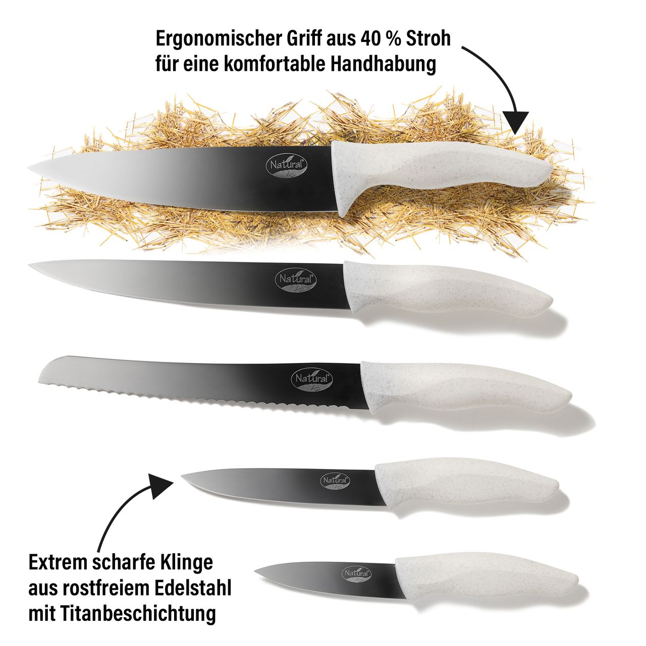 STONELINE® Natural Line® Edelstahl-Messer-Set, 5-tlg., mit klappbarem Magnet-Messerblock, mit Griffen mit Stroh