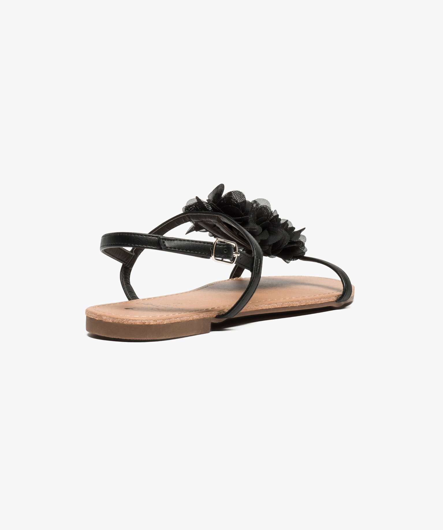 Sandales femme à talon plat ornées de fleurs en tissu noir | GEMO