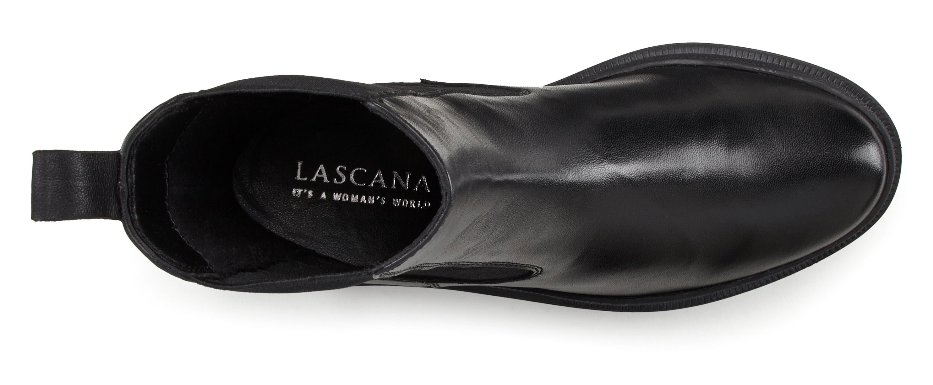 LASCANA Slip-On-Stiefelette, Chelseaboots, Schlupfstiefel, Biker Boots, Stiefelette aus Leder mit Chunky Sohle
