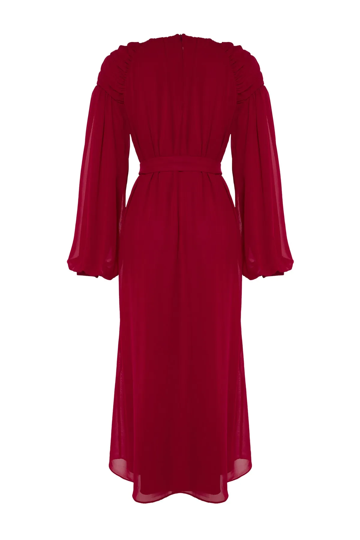 Trendyol Modest  X Kevser Sarıoglu Fuchsia Chiffon-Abendkleid mit drapierten Schultern und Gürtel TCLSS23DB00005
