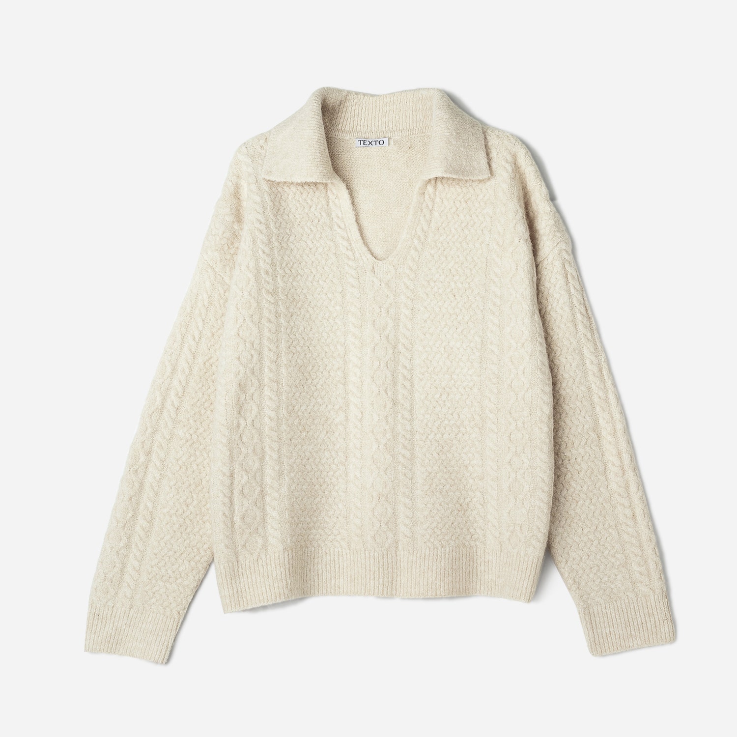 Pull TEXTO beige tricot fantaisie à col chemise