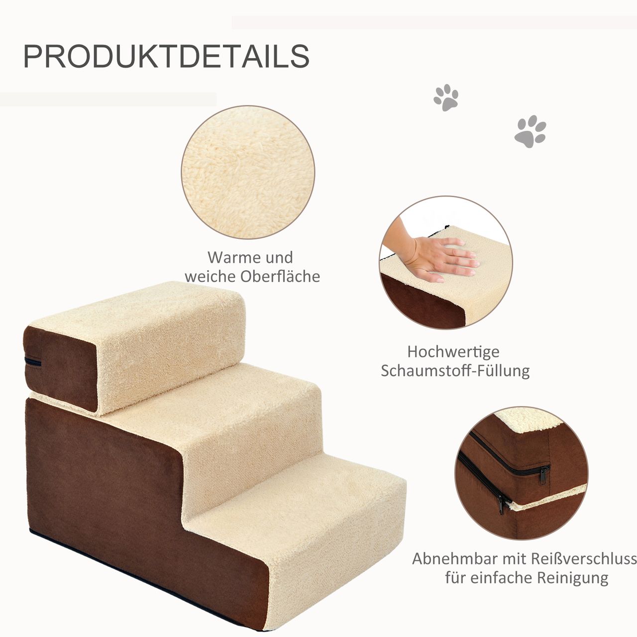 PawHut Hundetreppe Katzentreppe Einstiegshilfe 3 Stufen Haustier Plüsch Beige