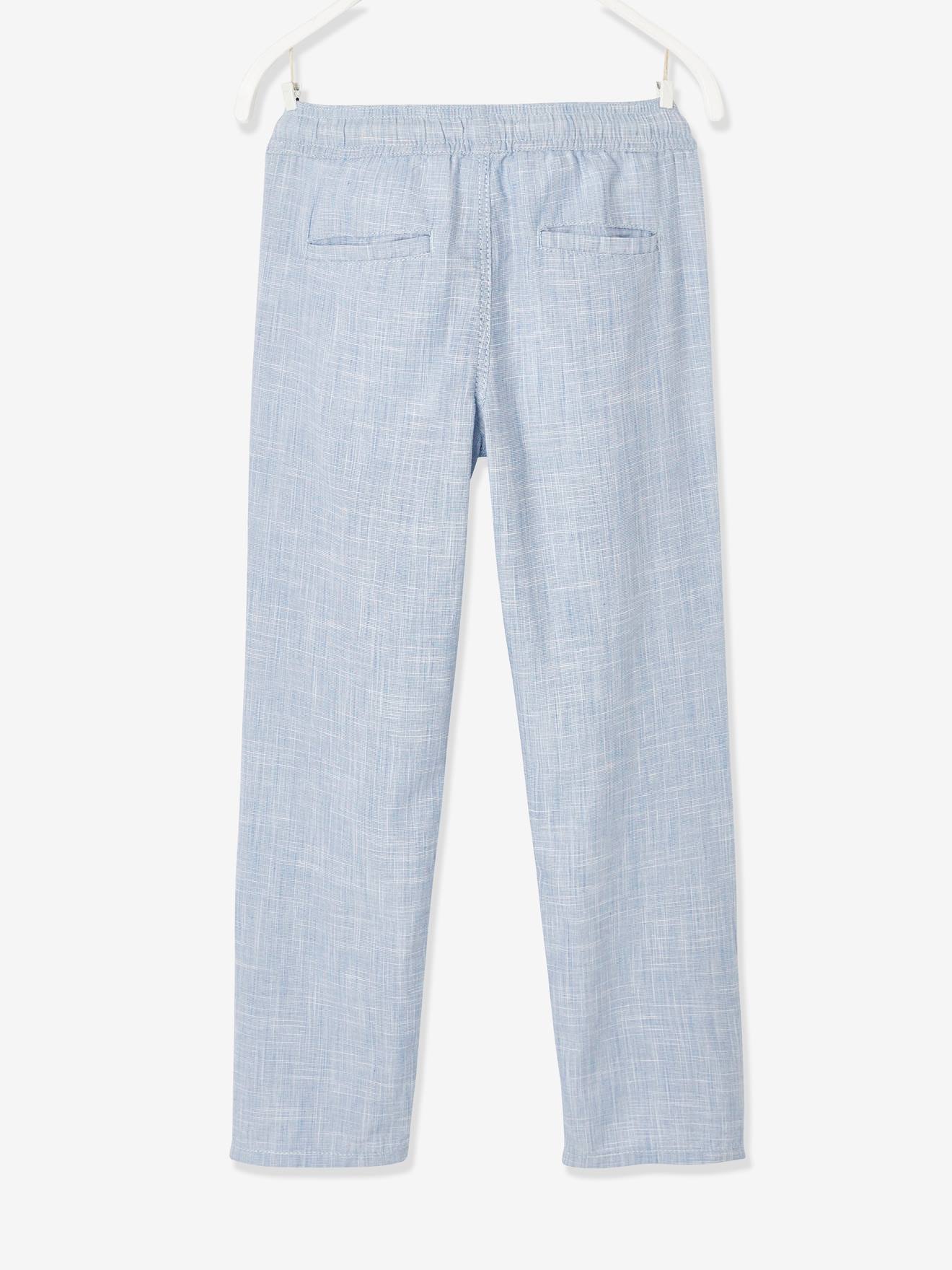 Pantalon léger retroussable en pantacourt garçon aspect lin tissé bleu clair