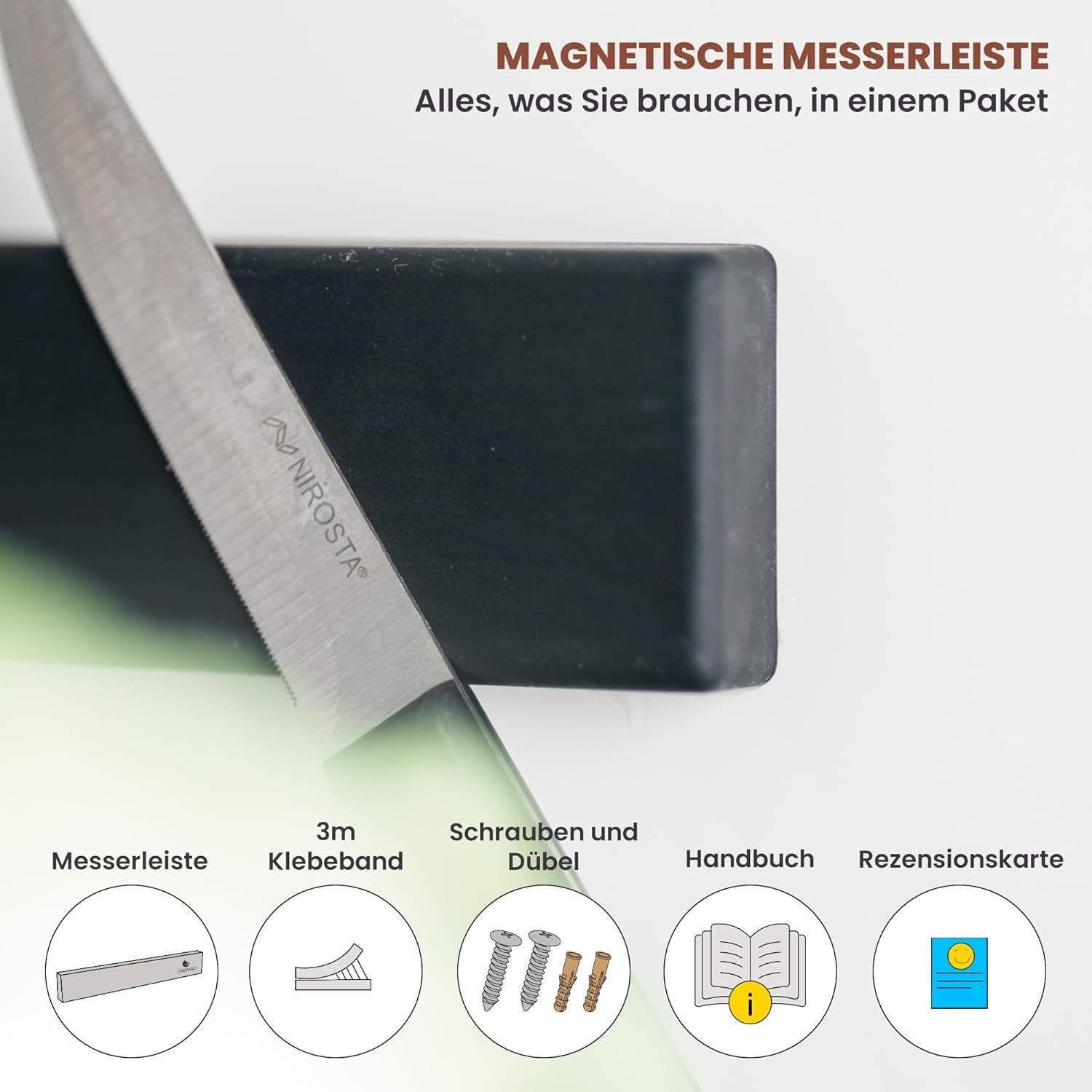 Exitoso Messerleiste - Magnetleiste Messer selbstklebend 40cm, Bombenfester Halt - Schwarzes Silikon